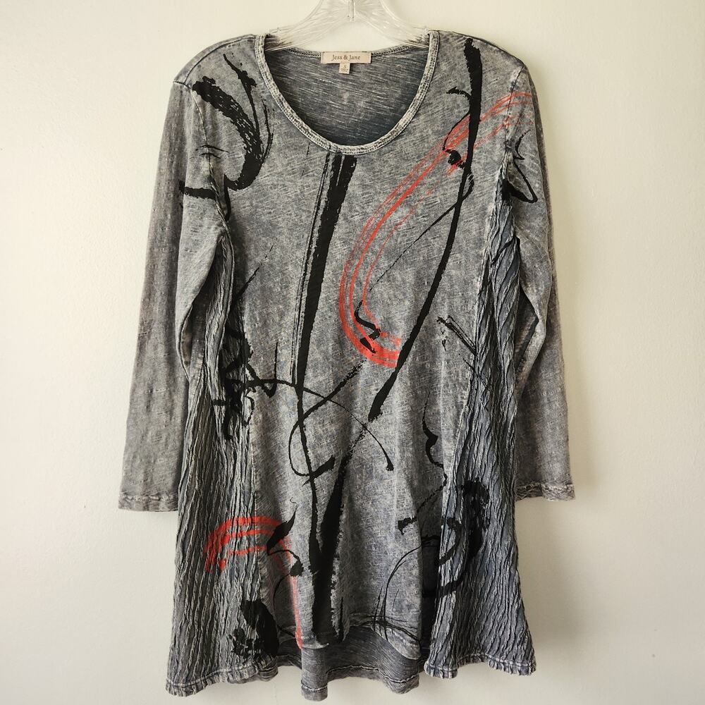 Jess & Jane Top Womens S Gray Abstract Mineral Wash Whimsigoth Boho Chic Relaxed